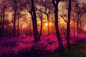 Poster - Summer evening, forest landscape with pink sky over trees and bushes.