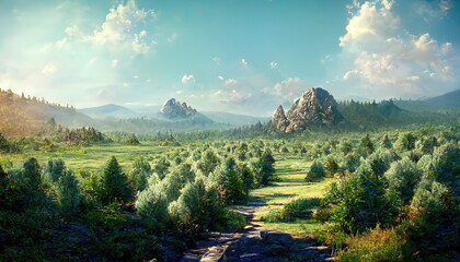 Poster - Landscape of mountains, green field, road and coniferous trees. summer forest under blue sky