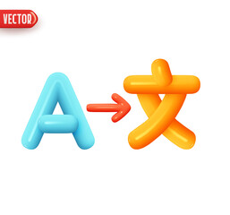 Wall Mural - Translation online service. Language translation text. Realistic 3d design element In plastic cartoon style. Icon isolated on white background. Vector illustration
