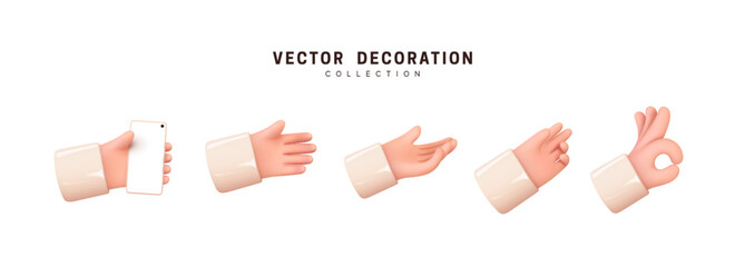 Wall Mural - Hands set of realistic 3d design in cartoon style. Hand shows different gestures signs. Vector illustration