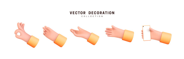 Hands set of realistic 3d design in cartoon style. Hand shows different gestures signs. Vector illustration