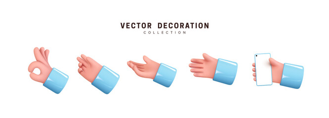 Hands set of realistic 3d design in cartoon style. Hand shows different gestures signs. Vector illustration