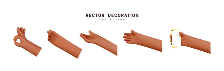 Wall Mural - Hands set of realistic 3d design in cartoon style. Hand shows different gestures signs. Vector illustration