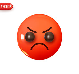Wall Mural - Emoji face rage. Emoticon red glossy color. Realistic 3d design In plastic cartoon style. Icon isolated on white background. Vector illustration