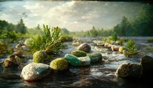 A River With Colorful Stones In It, Green Plants On A Summer Day Under A Cloudy Blue Sky