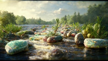 Canvas Print - Landscape of a mountain river, with rocky banks, green trees on a summer day