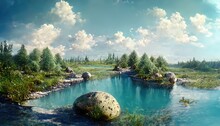 Blue Water Lake With Rocky Shores On A Summer Day. Green Grass And Coniferous Trees.