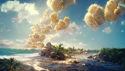 Sticker - Sea coast, with azure water, palm trees and blue sky with fluffy clouds.