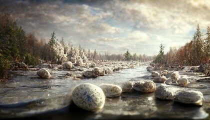 Sticker - Winter landscape with frozen river, trees and rocks.