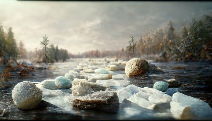 Sticker - Winter nature with white snow, ice on the water and rocks under a blue sky with heavy clouds.