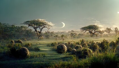 Savannah with trees and green grass early in the morning. moon in the sky