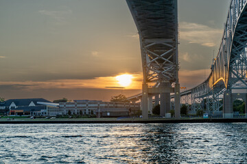 Summer sunset at the Canadian side of Blue Water Bridge at Pt. Edwards near Sarnia.