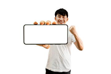 Canvas Print - asian man holding smartphone with empty white screen on transparent background - png format.