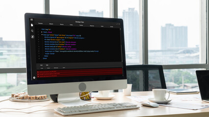 Software development programming on computer screen for modish application and program coding