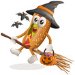 Cute hotdog mascot witch with holding halloween pumpkin