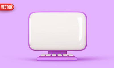 Modern computer monitor with keyboard. Desktop computer screen template. Realistic 3d cartoon style design. Isolated on lilac background. vector illustration