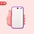 Hand holding mobile phone. Modern Smartphone in hand Blank screen template. Realistic 3d design in cartoon style. Pink background. vector illustration