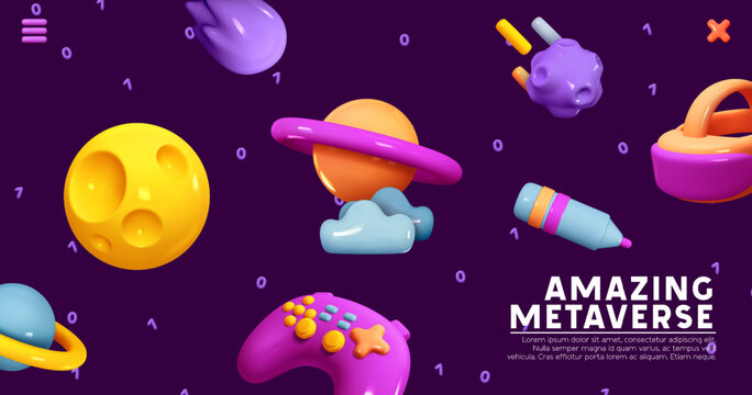 Metaverse of futuristic design. Creative cartoon space design with realistic 3d planets and space asteroids and comets, game virtual glasses and gamepad. Vector illustration