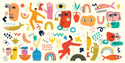 Big Set of Different colored Vector illustartions for posters in Cartoon Flat design. Hand drawn Abstract shapes, faces, different texture funny Comic characters.