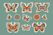 70s Butterflies And Flowers Stickers Collection In Vintage Style. Set Of Isolated Insects Vector Illustration.
