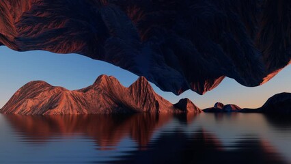 Wall Mural - 3d animation. Moving along the coast, spiritual seascape scenery during a boat trip. Seaside landscape panorama with cliffs and rocks reflecting in the water. Abstract nature background