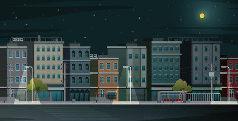 Wall Mural - City street with buildings and moon in the middle of the night.