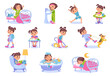 Funny girl daily routine. Everyday kids activities. Little child awakening and doing exercises. Hygiene and studying. Domestic pastime. Teen eating lunch or walking dog. Splendid vector set