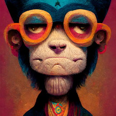 Stylized cool funky monkey portrait colored 3D Illustration with a colorful background