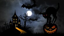 Scary Black Cat With Red Eyes On Jack O Lantern. Bats Flying Over Haunted Castle On Full Moon Night. Concept Of Spooky Halloween Holiday. High Quality FullHD Footage