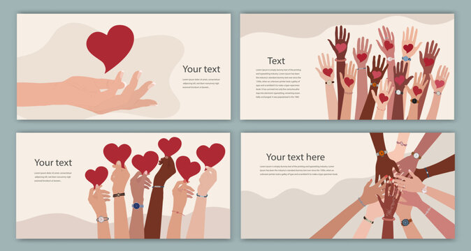 banner with group of volunteer diversity people - editable poster template. hand up holding a heart 