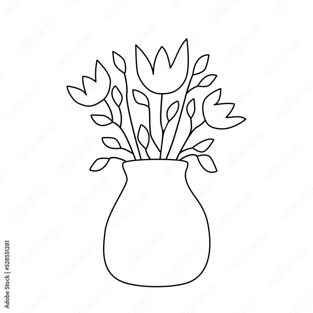 Flowers in a vase isolated vector illustration in black and white outline  contour line art. Bouquet of blooming tulips for interior decoration.  Birthday gift. Simple hand drawn clipart design element. Stock Vector |, image size:1000x1000