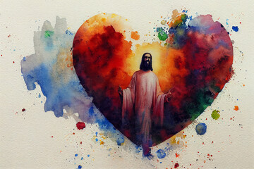 Watercolor painting illustration of heart of Jesus Christ