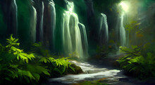 Waterfalls In Green Fairy Tale Forest Digital Art