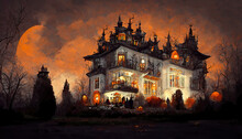 Spooky Halloween Mansion Manor Orange Scary Castle Decorated Concept Art Illustration Fall