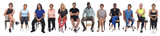 Fototapeta  - front view of a large group of people dressed in sports and casual clothes sitting on chair over white background