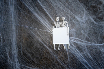 Wall Mural - Halloween concept ,web with skeletons on a black background with a place for text ,mockup