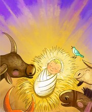 Holy Child With Donkey  Lambs  Goat And Others.  Baby Jesus In A Manger Illustration 