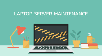 Wall Mural - computer laptop server system maintenance on table concept, technical error and service, flat vector