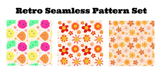 Wall Mural - A set of three Seamless patterns of bright hippie smiles from the 60's 70's and 80's