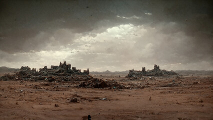 Wall Mural - abandoned city on wasteland apocalyptic landscape panoramic art illustration. lost desert civilisati