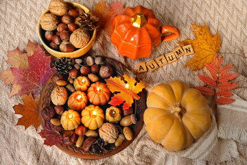 Wall Mural - Burning decorative candles, acorns, nuts, pumpkin close up on plaid background. autumn season concept. symbol of harvest, Mabon, thanksgiving, Halloween. top view