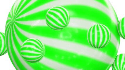 Wall Mural - Realistic satisfying looping 3D animation of the green and white striped candy sphere with orbital rolling small candy spheres as satellites rendered in UHD as motion background