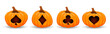 Halloween casino and poker banner. Gambling pumpkins. Suits decks of playing cards on halloween pumpkins.