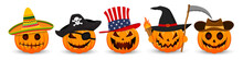 Happy Halloween Banner. International Pumpkins Isolated. Mexican, Pirates, American, Witch And Cowboy Happy Halloween Holiday. Orange Pumpkins With Scary Smile Halloween.