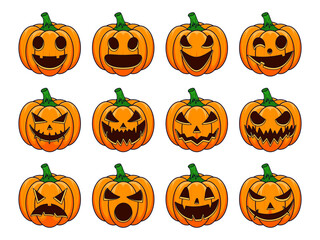 Sticker - Happy Halloween outline drawing collection cartoon pumpkins. Pumpkins isolated. Main symbol Happy Halloween holiday. Collection orange pumpkins with scary spooky smile Halloween.