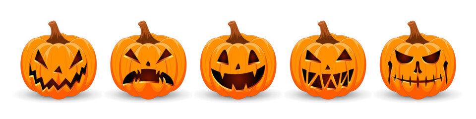 Sticker - Happy Halloween banner. Pumpkins isolated. Main symbol of Happy Halloween holiday. Orange pumpkins with scary smile Halloween. Horizontal holiday poster, header for website.