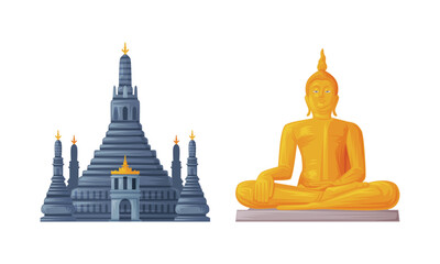 Poster - Wat Arun and Buddha Golden Statue as Thailand Symbol and Famous Landmark Vector Set