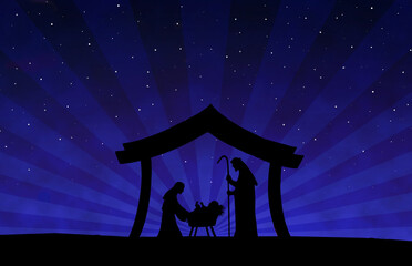 Christmas Nativity Scene black silhouette on blue background