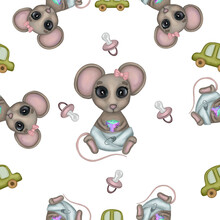 Cute Baby Mouse Girl Seamless Pattern. Hand Drawn Watercolor Baby Mouse With Nipple, Car Toy Seamless Pattern, Isolated On White Background. Design For Kids Textile, Fabric, Clothes, Wallpaper, Cards.