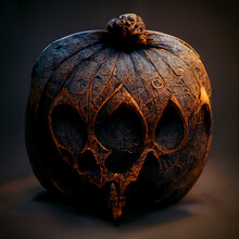 Pumpkin With Scary Beauty With 3 Eyes Specially Designed For Magicians, The Iconic Halloween Concept Pumpkin With A Blackened And Burned Area